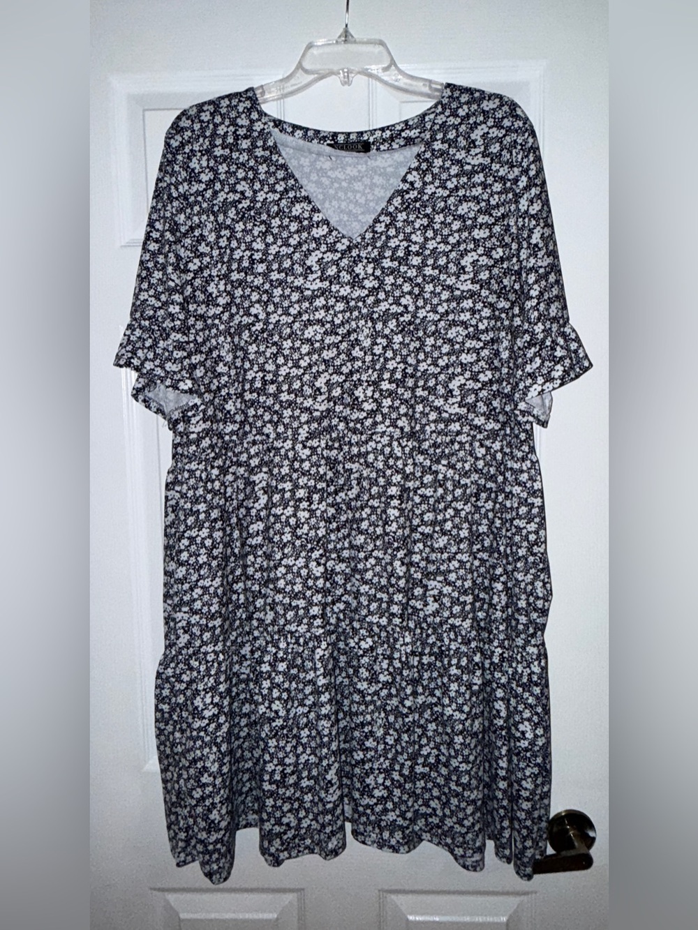 Navy & White Floral V-Neck Tiered Dress